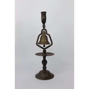 Vintage English Brass Tavern Candlestick Holder with Service Bell, Two Tier